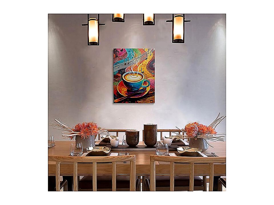 Vibrant Coffee Cup Musical Notes Canvas Wall Art Abstract Kitchen Decor Vintage