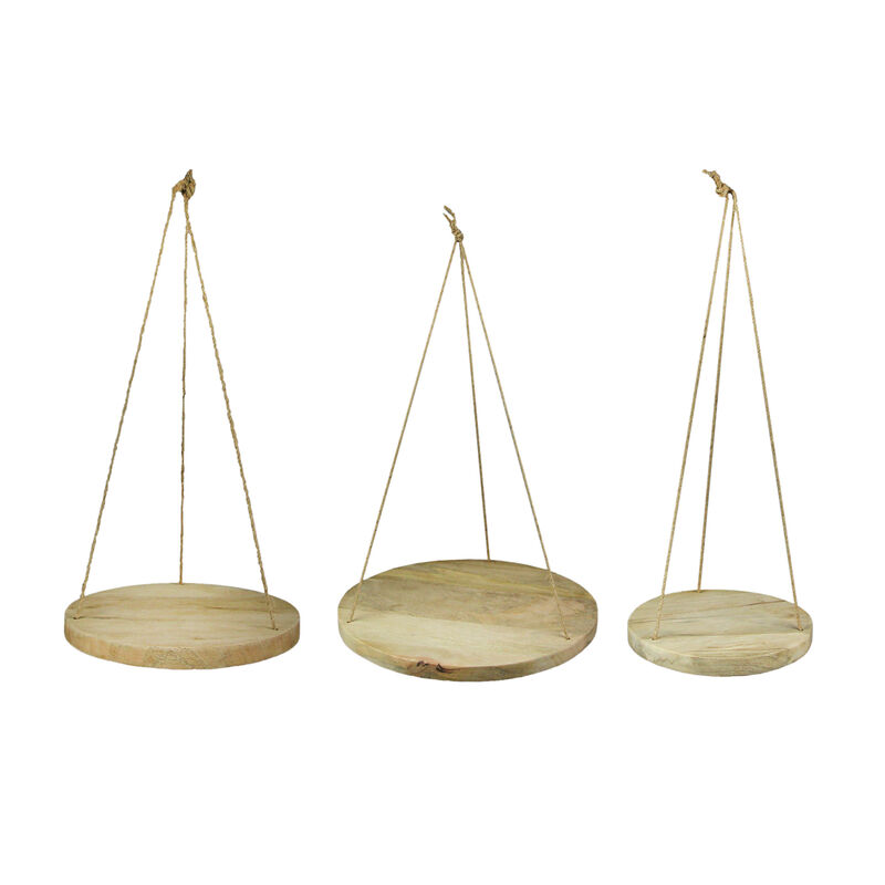 Set of 3 Primitive Country Wooden Disc and Jute Rope Hanging Plant Stands image number 0