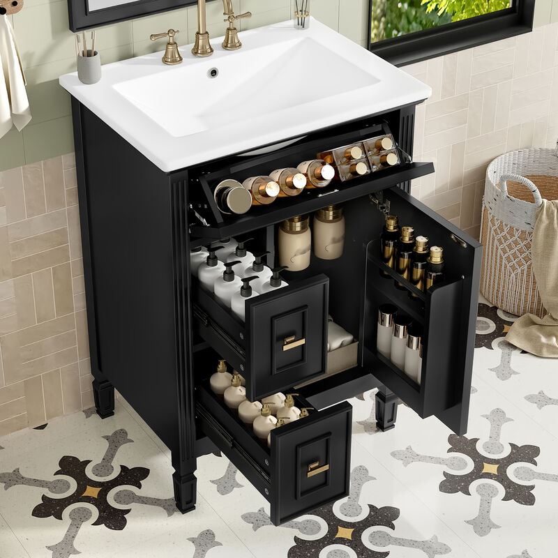 Merax Bathroom Vanity with Ceramic Sink, Cabinet, Flip Drawer & 2 Side Drawers &ndash; Solid Wood Frame image number 2