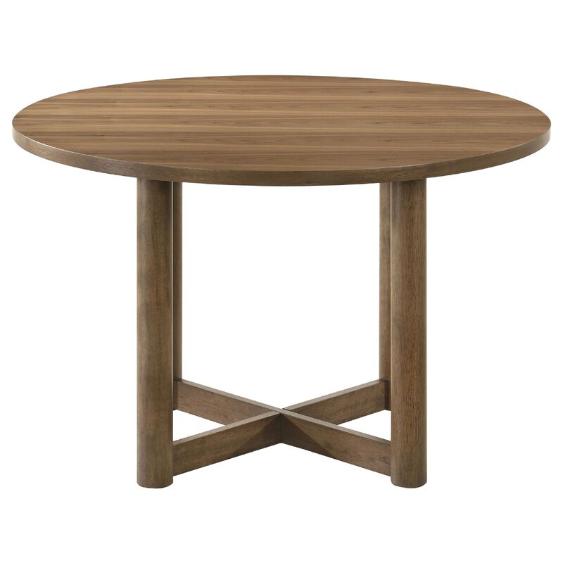 Billie 5pc Round Dining Table and 4 Chairs Set, Walnut Brown and Beige - Benzara