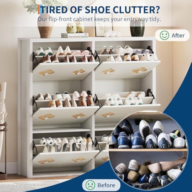 Slim Entryway Wood Shoe Storage Cabinet Flip Drawer Adjustable Shelves White image number 3