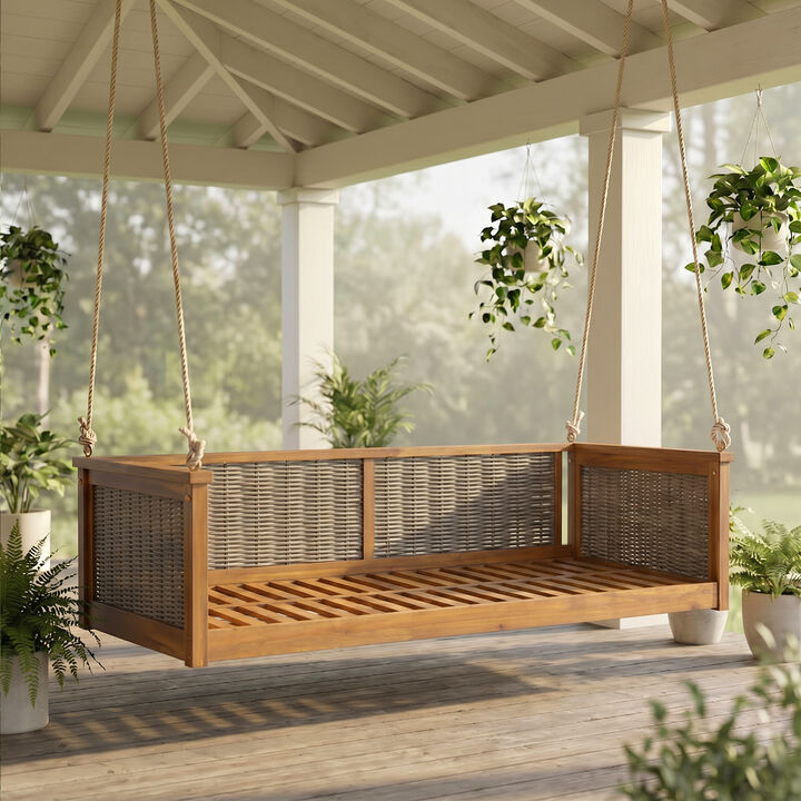 Merax Outdoor Twin Swing Bed with Sturdy Acacia Wood Frame & Handwoven Rattan