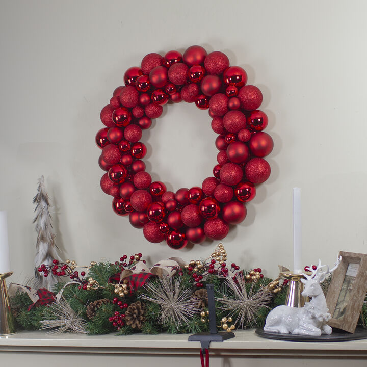 Red Hot 3-Finish Shatterproof Ball Christmas Wreath  24-Inch