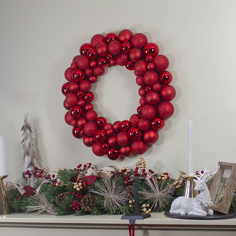 Red Hot 3-Finish Shatterproof Ball Christmas Wreath  24-Inch image number 1
