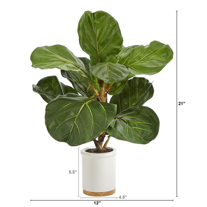 HomPlanti 21 Inches Fiddle Leaf Artificial Tree in White Ceramic Planter