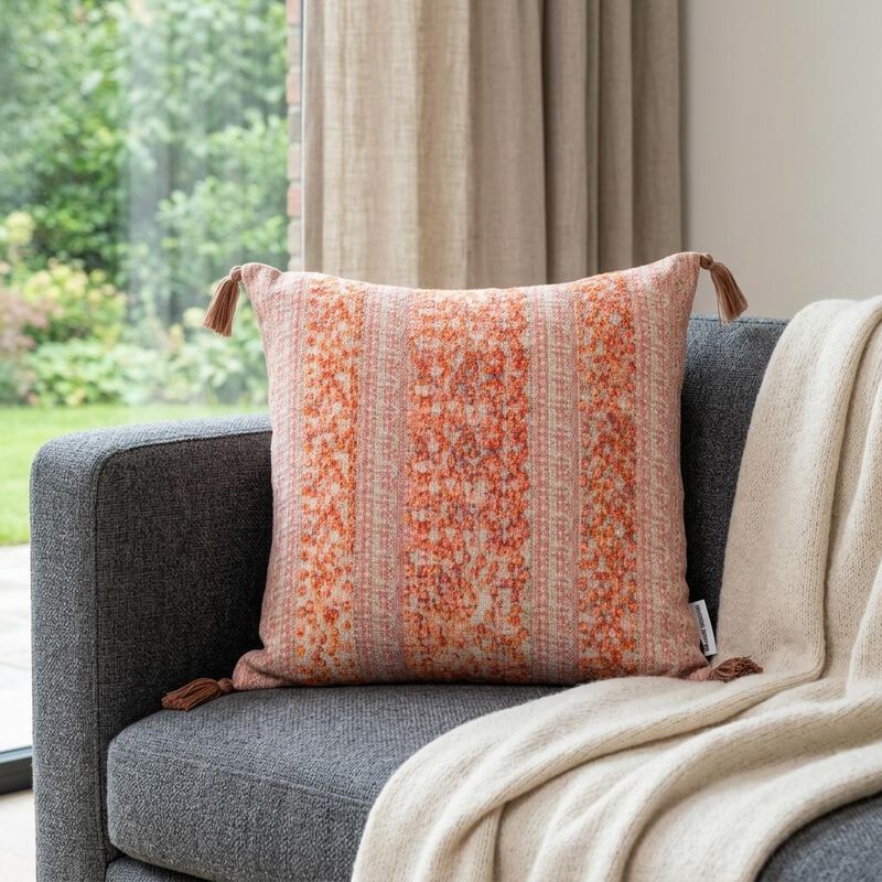 HomeRoots 18" Pink and Orange Cotton Throw Pillow with Tassels image number 1