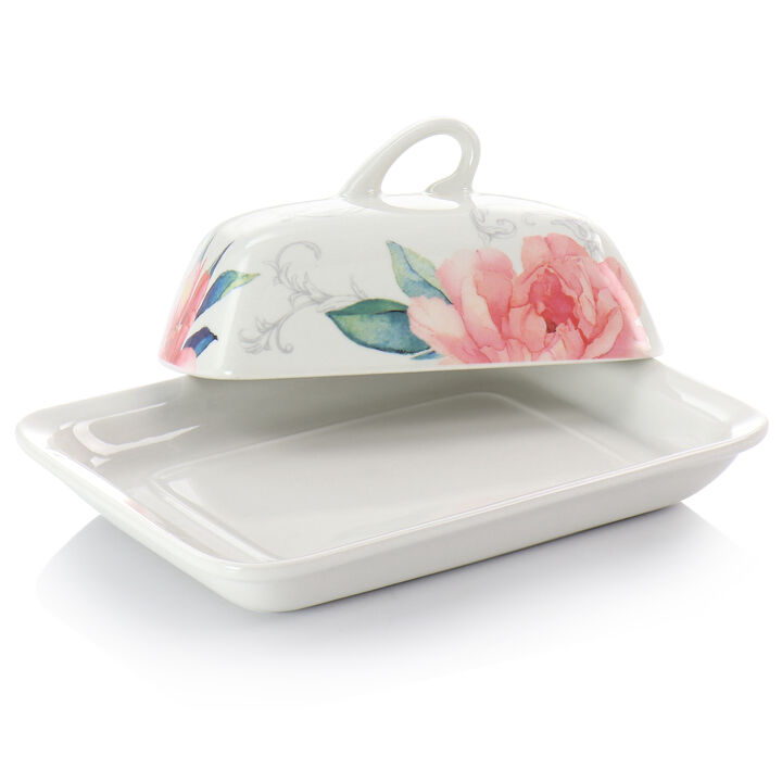 Martha Stewart Fine Ceramic 7.5 Inch Butter Dish with Lid in Floral Designs