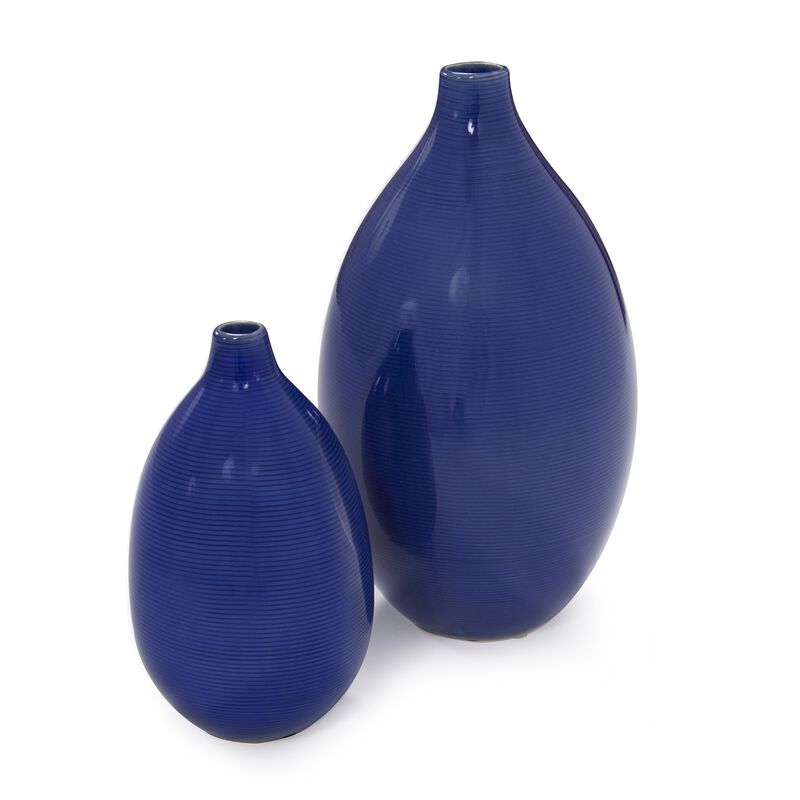 Modern Set of 2 Deep Indigo Ceramic Bulb Vases for Living Room or Dining