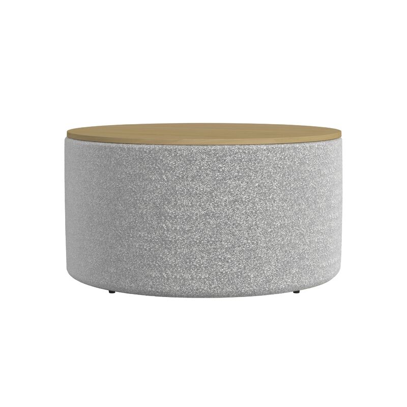 Mesy Storage Ottoman, 30 Inch Round Lift Tray Top, Light Gray Boucle - Benzara
