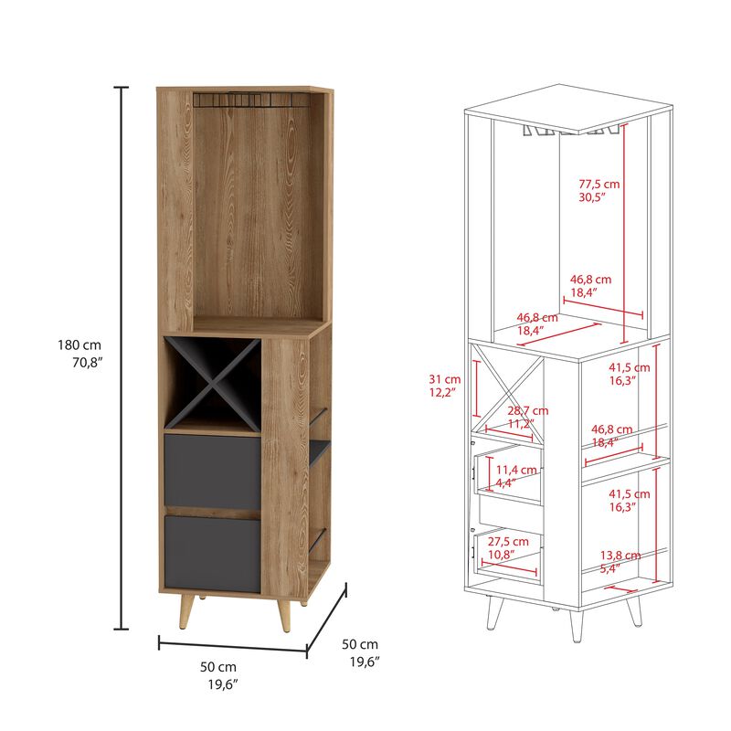 Salem Corner Bar Cabinet, Two External Shelves, Two Drawers, Four Wine Compartments -Pine / Matt Gray