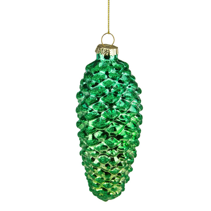 5" Shiny Green and Gold Pinecone Glass Christmas Ornament