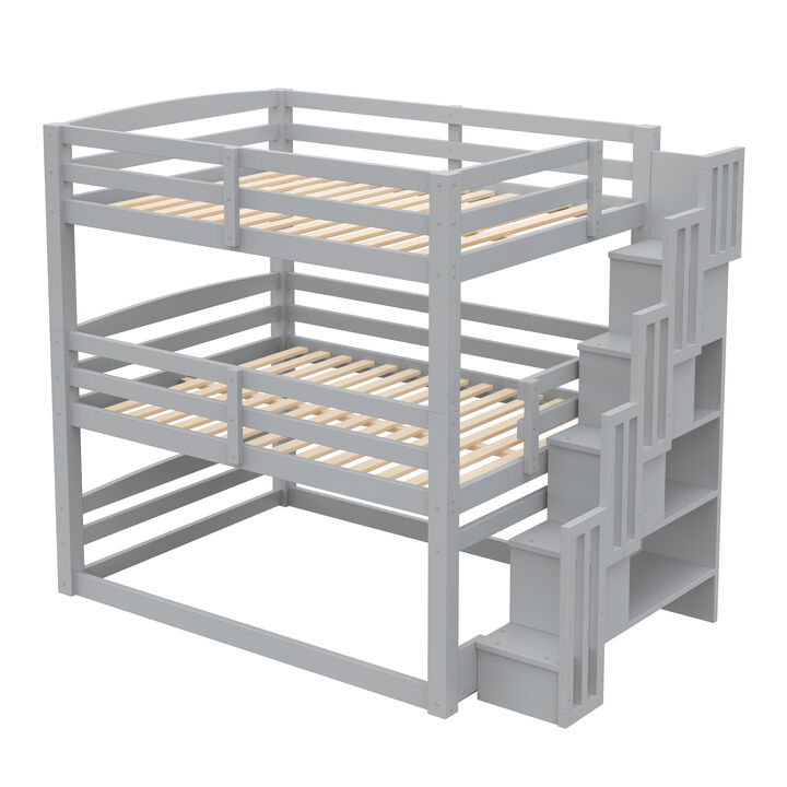 Whisen Full Size Triple Bunk Bed with Storage Staircase, Solid Pine for Kids Bedroom