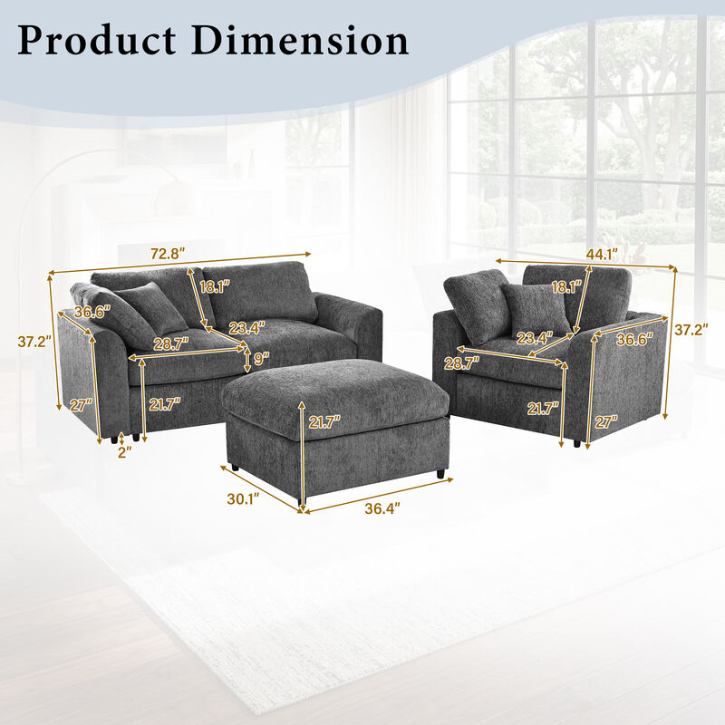 Merax 3-Piece Chenille Modular Sofa Set with Ottoman &ndash; 2-Seater, Accent Chair image number 4