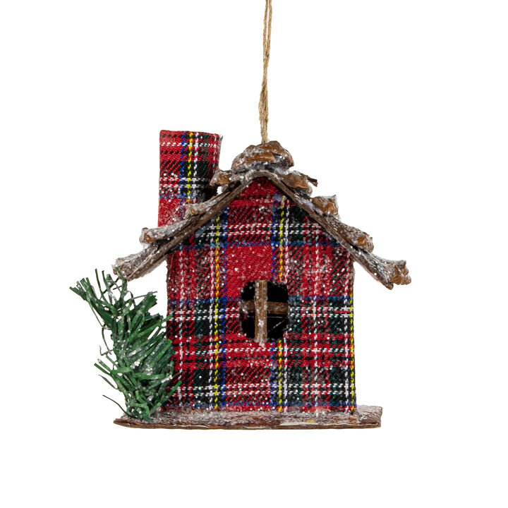 4.25" Red Plaid and Pine Needle Rustic Birdhouse Christmas Ornament