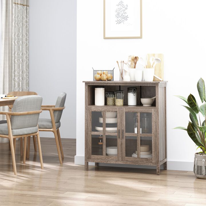 Accent Sideboard Serving Buffet Storage Cabinet with 2 Cubbyholes, Glass Door and Adjustable Shelf, Oak