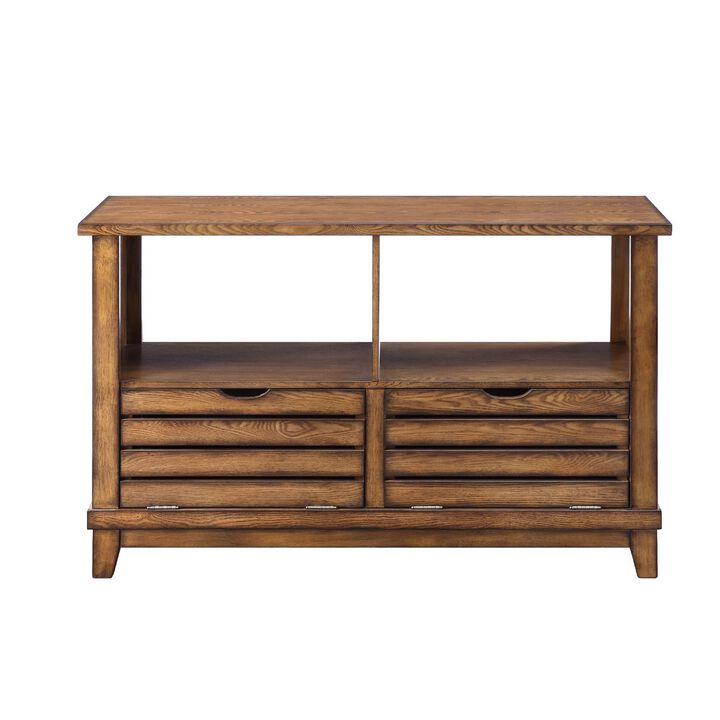 Slatted Front Sofa Table with Two Drawers and Two Shelf, Brown-Benzara