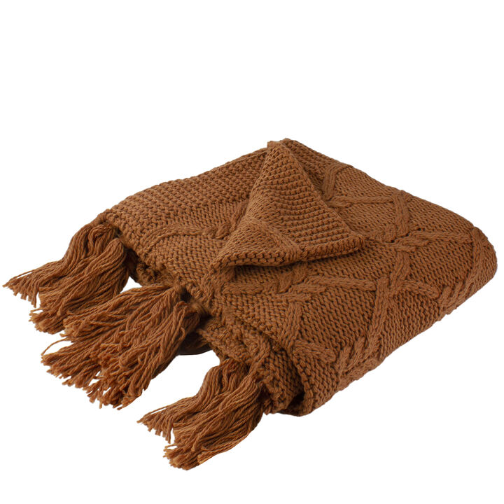 Golden Ochre Knit Throw Blanket with Tassels 50" x 60"