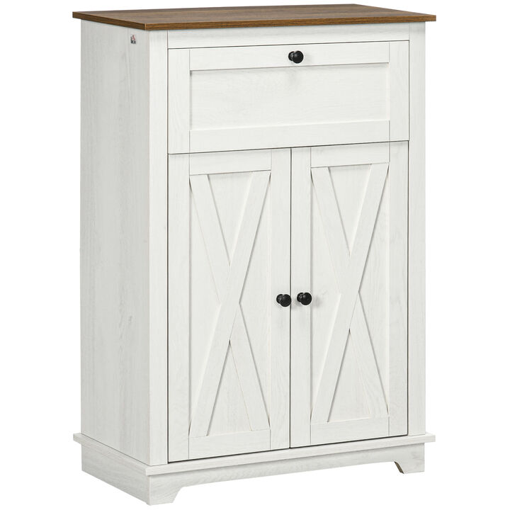 HOMCOM Farmhouse Barn Door Accent Cabinet, Kitchen Sideboard Storage Cabinet with Double Doors, Drawer, and Adjustable Shelf for Bedroom, Living Room, White