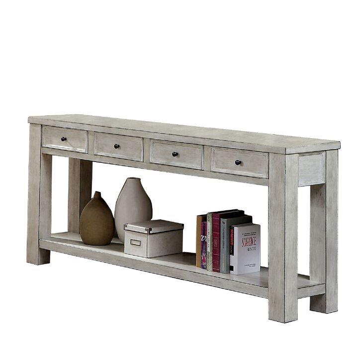Transitional Wooden Console Table with 4 Drawers and Open Shelf, White-Benzara
