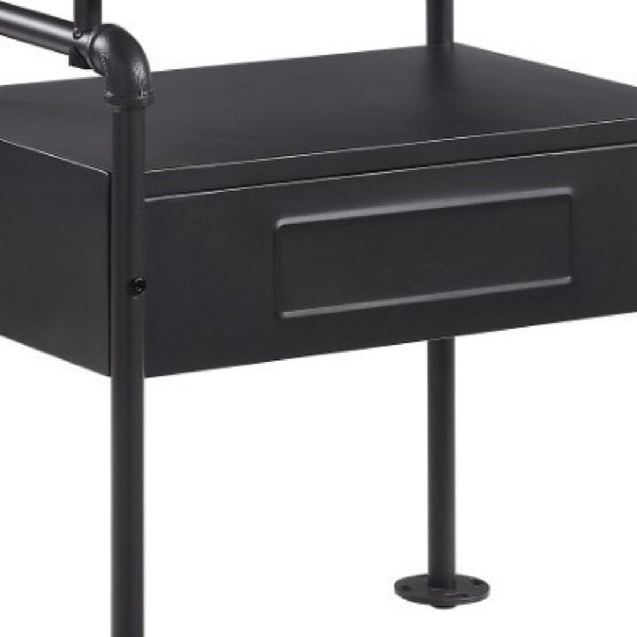 23 Inch Metal Nightstand Side Table, Tempered Glass, Industrial, Dark Gray-Benzara