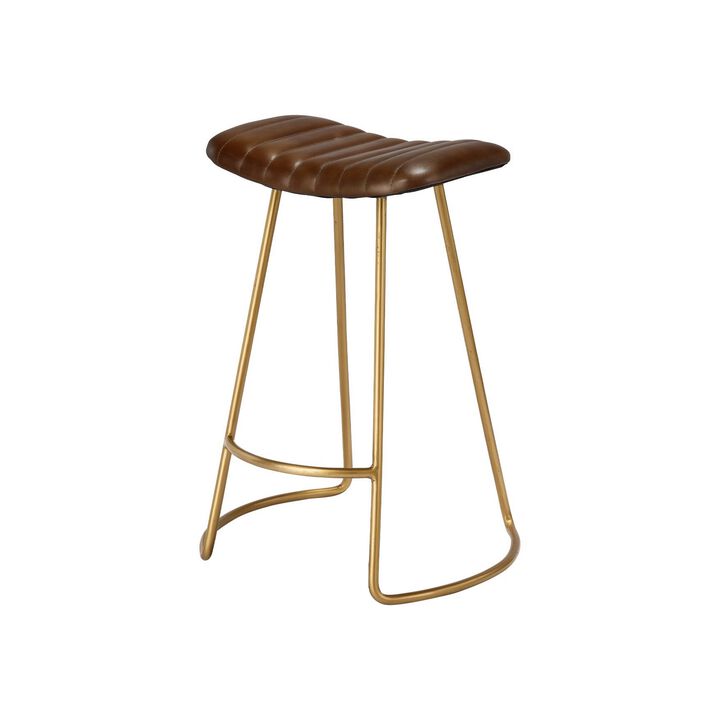 Counter Stool with Leatherette Vertical Channel Stitching, Brown and Antique Brass - Benzara