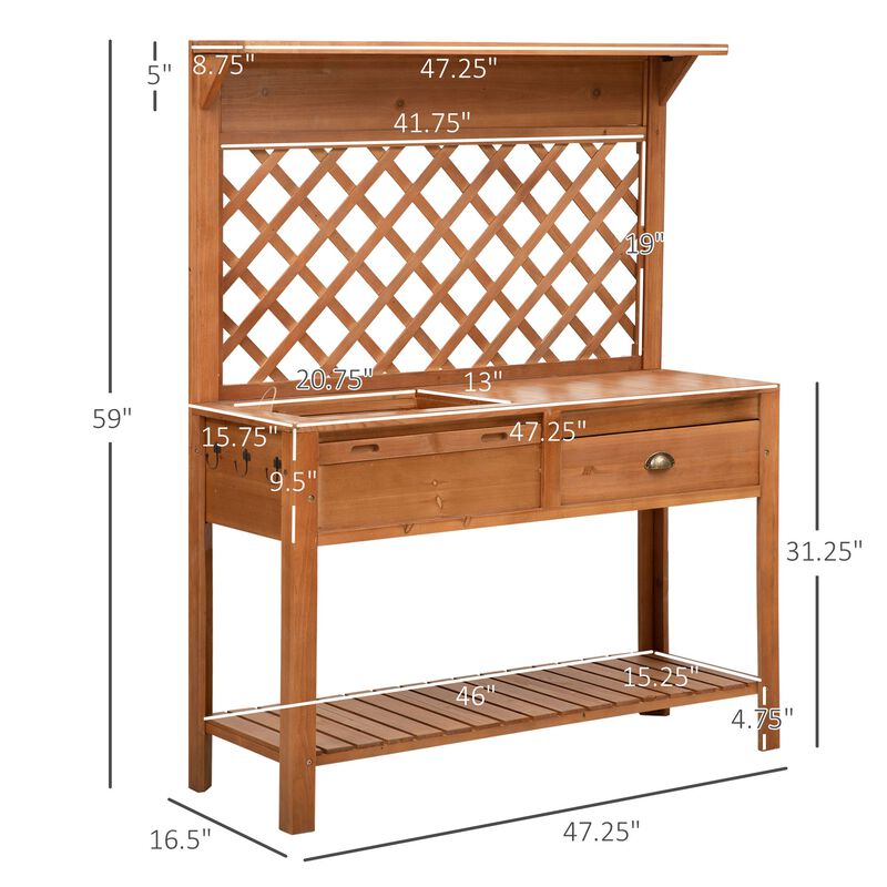Garden Potting Bench, Outdoor Wooden Workstation Table w/ Metal Screen, Drawer, Hooks, Storage Shelf, and Lattice Back for Patio and Porch
