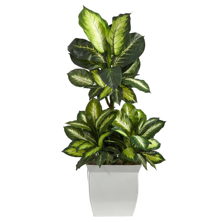 Nearly Natural 46-in Golden Dieffenbachia Plant in White Metal Planter