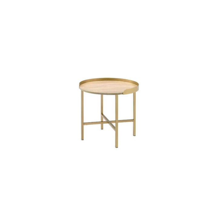Homezia 22" Gold And Oak Manufactured Wood And Metal Round End Table