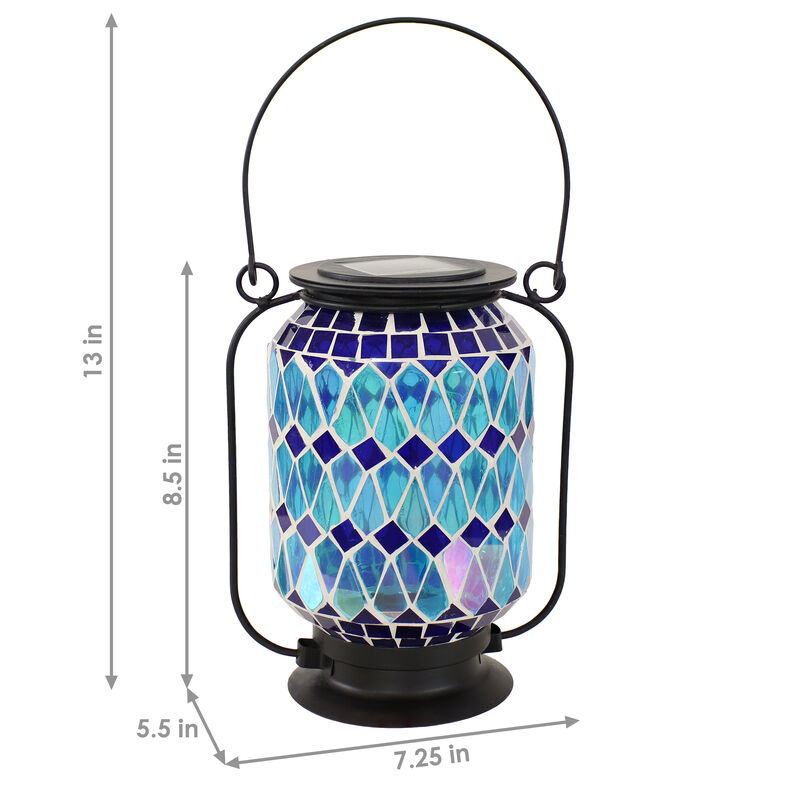 Sunnydaze Cool Blue Mosaic Glass Outdoor Solar LED Lantern - 8 in