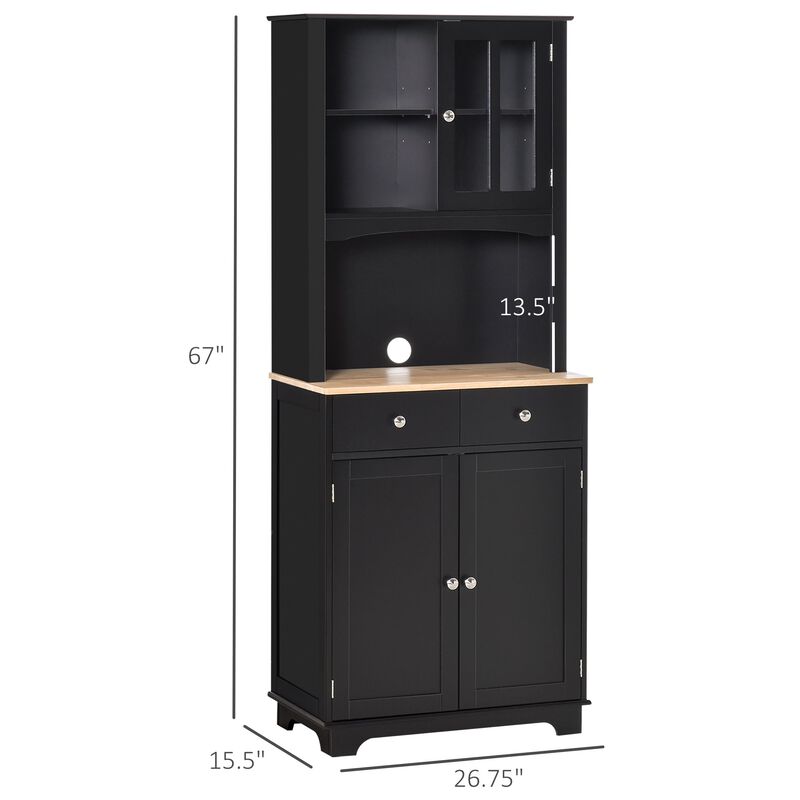 67" Kitchen Buffet with Hutch, Pantry with Framed Doors, 2 Drawers, and Open Microwave Countertop, Black