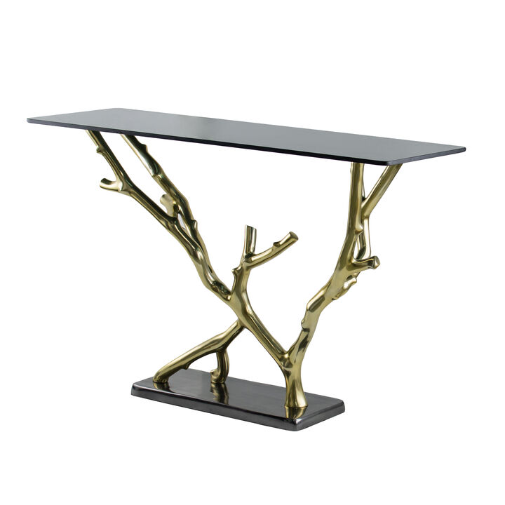 47 Inch Console Table, Artistic Branch Metal Frame, Black Glass Top, Gold-Benzara