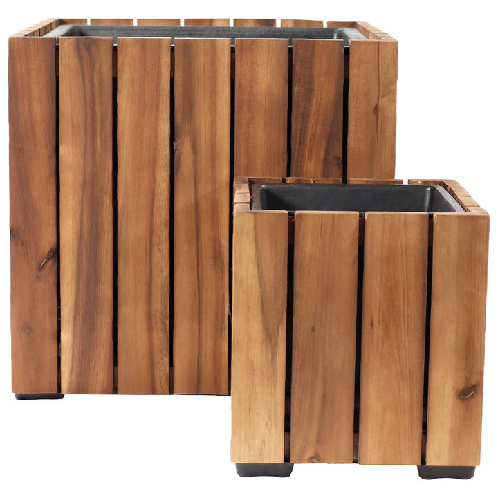 Sunnydaze 2-Piece Acacia Square Planter Boxes with Liners
