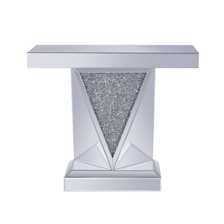Wood and Mirror Console Table with Faux Crystals Inlay, Clear-Benzara