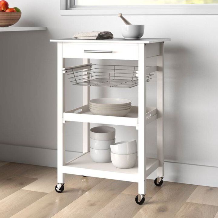 QuikFurn White Stainless Steel Top Kitchen Cart with Drawer and Storage Shelves