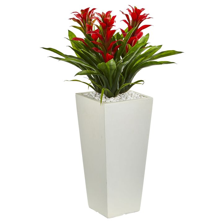 HomPlanti Triple Bromeliad Artificial Plant in White Tower Planter - Red