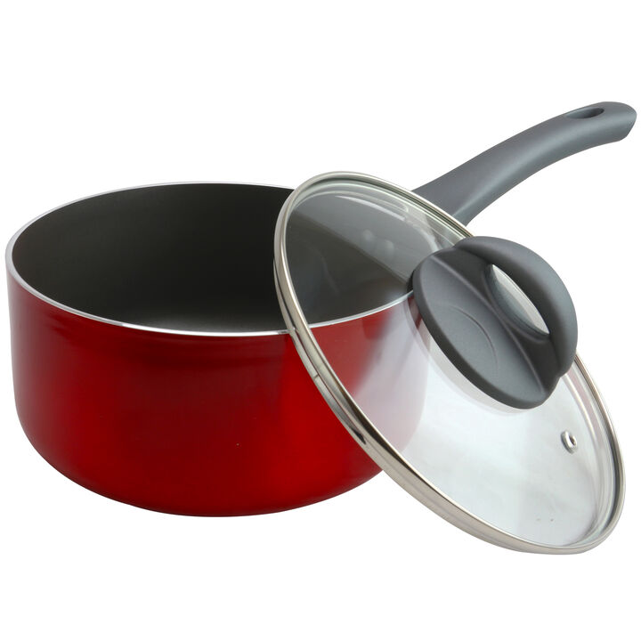 Oster Herscher 2.5 Quart Aluminum Sauce Pan with Tempered Glass Lid in Red