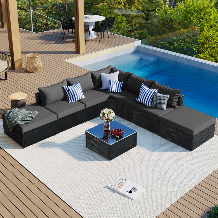 8-Pieces Outdoor Patio Furniture Sets, Garden Conversation Wicker Sofa Set, Single Sofa Combinable
