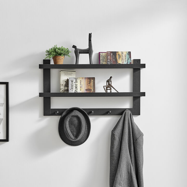 Two-Tier Ledge Shelf Wall Organizer with Five Hanging Hooks