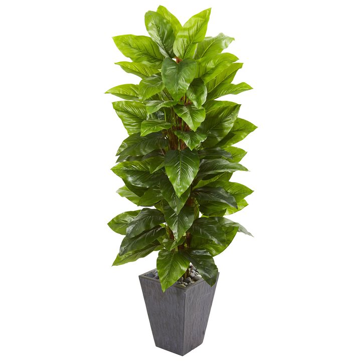 HomPlanti 5" Large Leaf Philodendron Artificial Plant in Slate Planter (Real Touch)