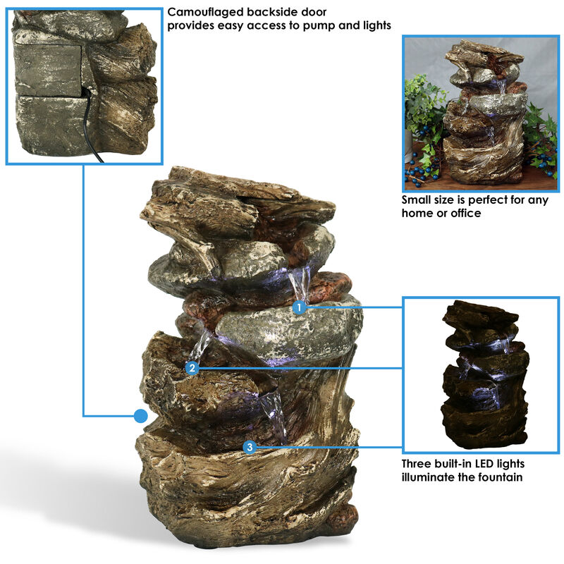 Sunnydaze Tiered Rock and Log Indoor Water Fountain with LEDs - 10.5 in