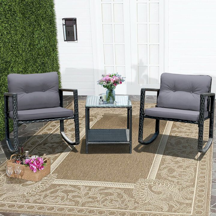 3 Pieces Cushioned Patio Rattan Set with Rocking Chair and Table