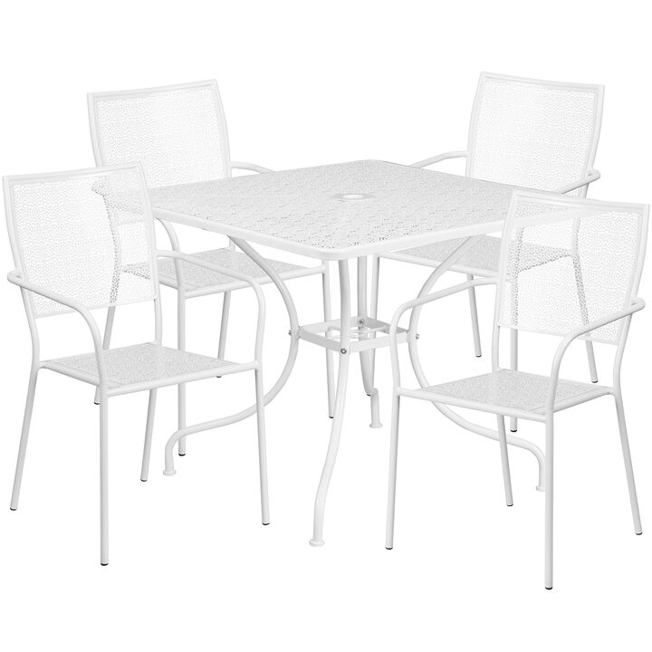 Flash Furniture Oia Commercial Grade 35.5" Square White Indoor-Outdoor Steel Patio Table Set with 4 Square Back Chairs