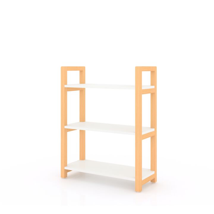 3-tiers Storage Bookcase with Solid Wood Frame, White