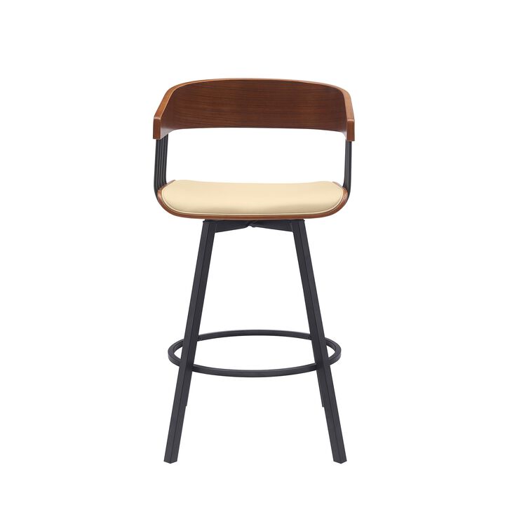 Vera 27 Inch Swivel Counter Stool Chair, Brown Open Back Cream Faux Leather - Benzara