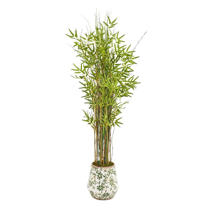 Nearly Natural 64-in Grass Artificial Bamboo Plant in Floral Print Planter