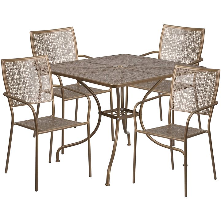 Flash Furniture Oia Commercial Grade 35.5" Square Gold Indoor-Outdoor Steel Patio Table Set with 4 Square Back Chairs