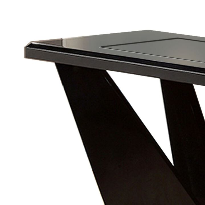 Pera 47 Inch Sofa Console Table, Glass Insert Surface, Geometric, Black-Benzara