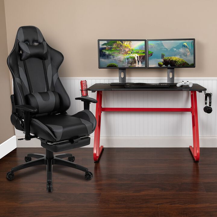 Flash Furniture Red Gaming Desk with Cup Holder/Headphone Hook & Gray Reclining Gaming Chair with Footrest