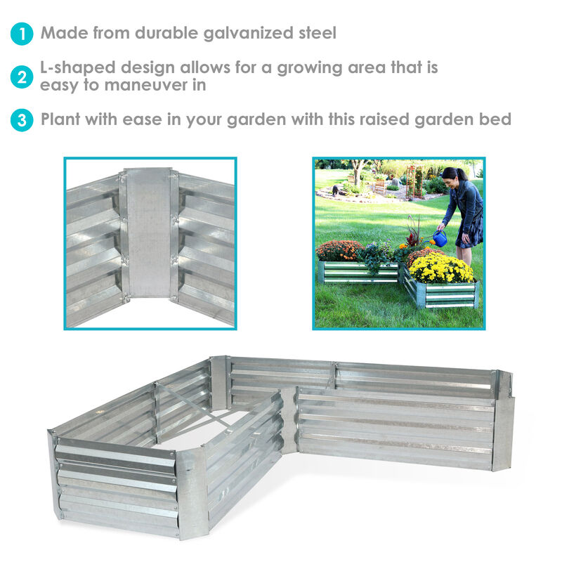 Sunnydaze Galvanized Steel L-Shaped Raised Garden Bed - 59.5 in - Silver