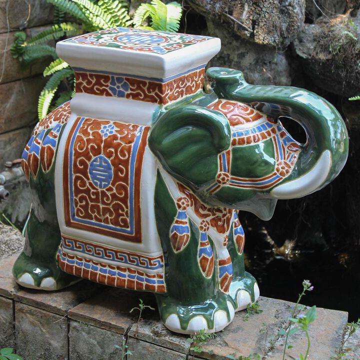 International Caravan Large Porcelain Elephant Stool-Green